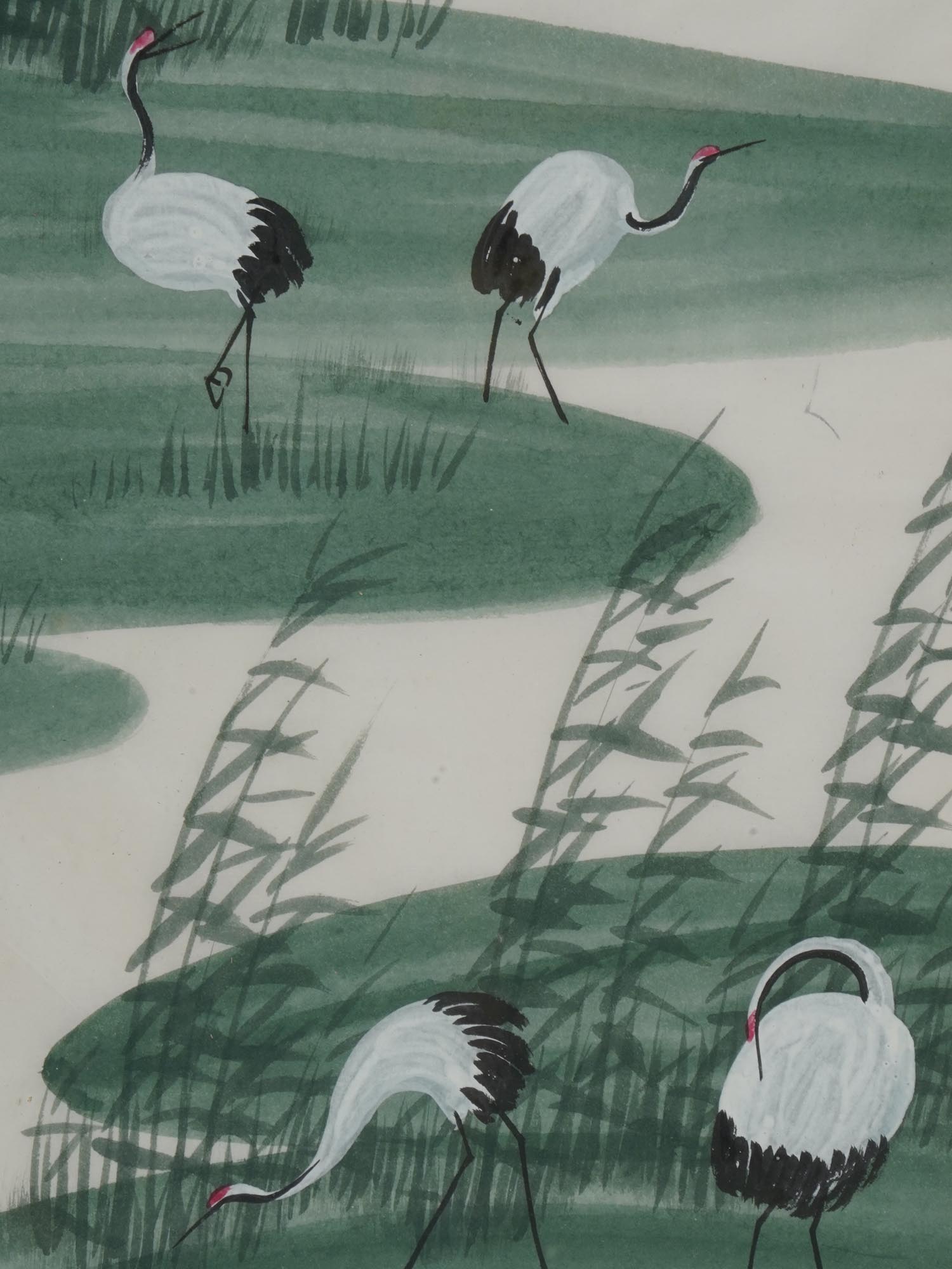 CHINESE CRANE BIRDS WATERCOLOR PAINTING SIGNED PIC-2